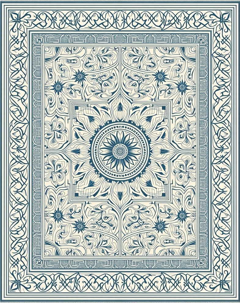 Ornate Blue Floral Medallion Cream Rug