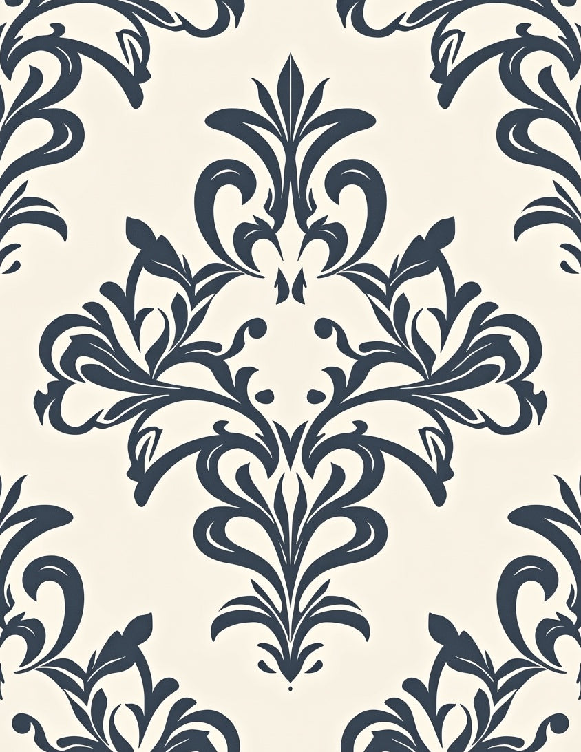 Deep Blue Damask Cream Scroll Rug