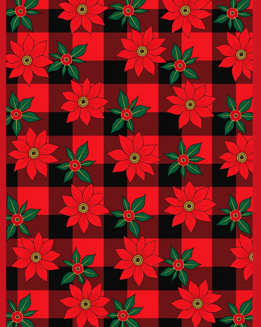 Red Black Buffalo Plaid Poinsettia Medallions Rug