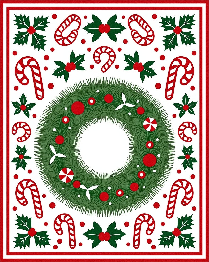 Festive Green Wreath Candy Cane Holly Rug
