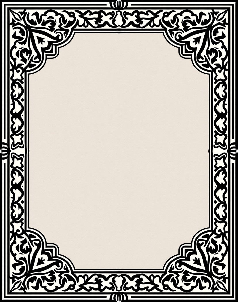 Ornate Black and Cream Scroll Border Rug