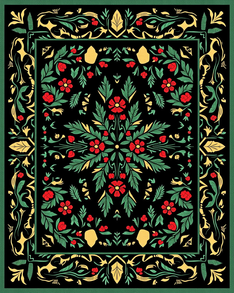 Vibrant Red Floral Botanical Medallion Rug