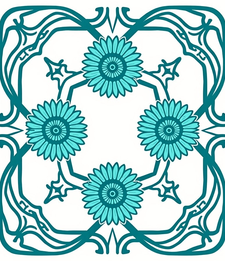 Teal Floral Art Nouveau Frame Rug