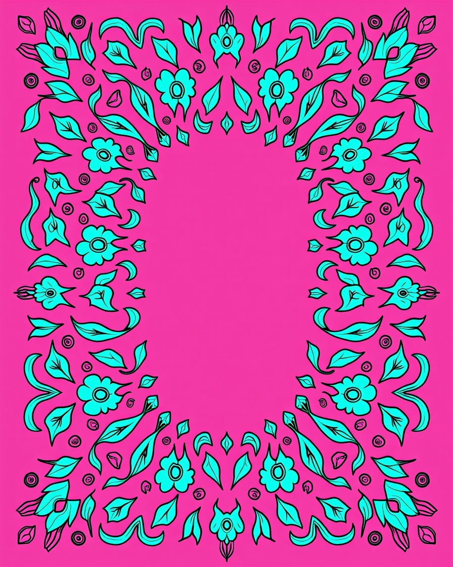 Bright Pink Teal Floral Border Rug