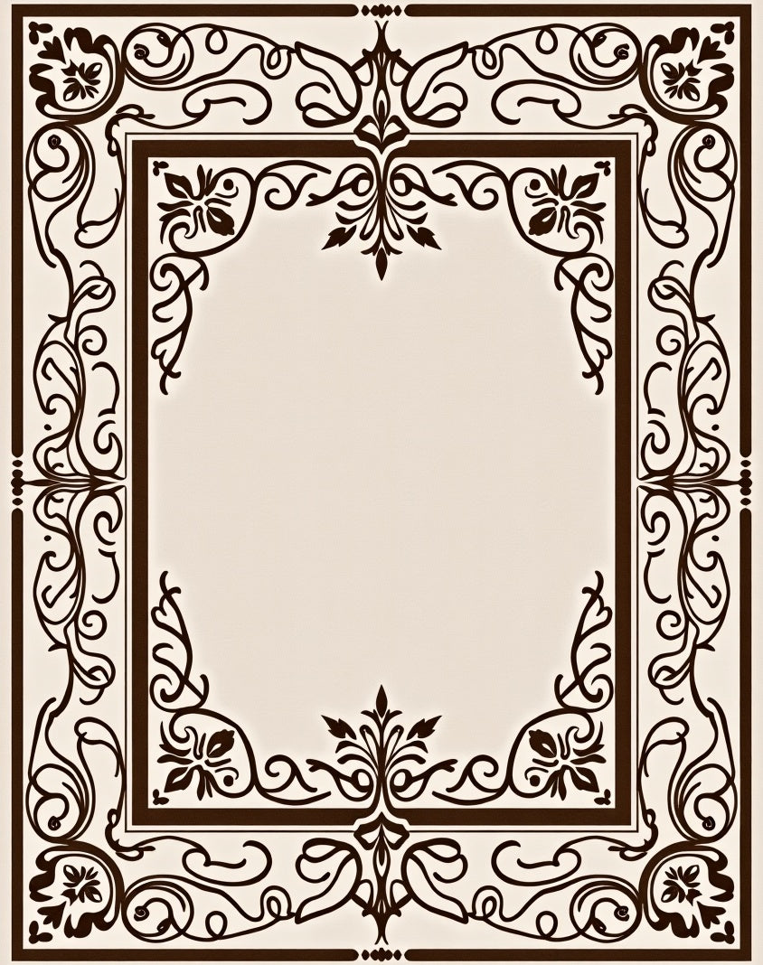 Elegant Brown Floral Scrollwork Frame Rug