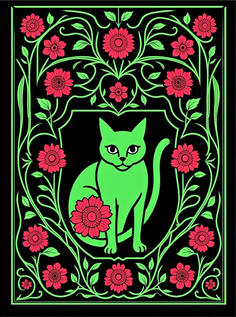 Vivid Green Cat Floral Medallion Rug
