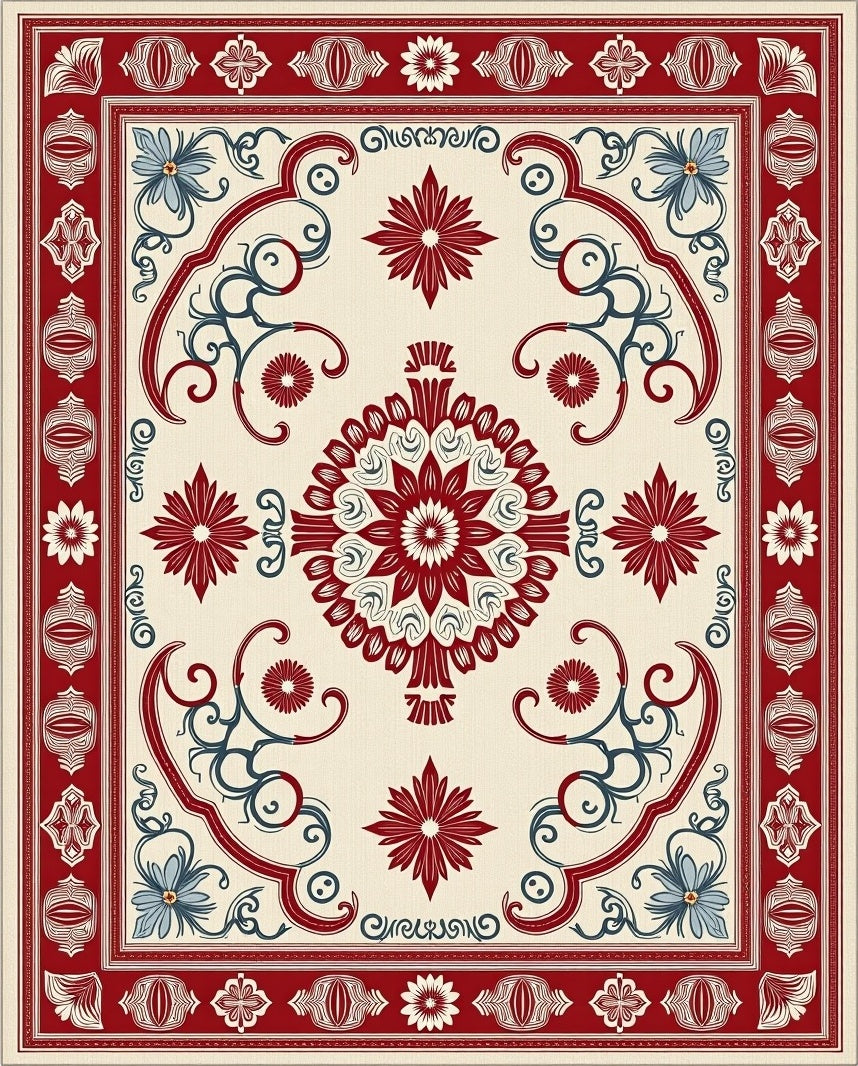 Crimson Cream Floral Medallion Border Rug