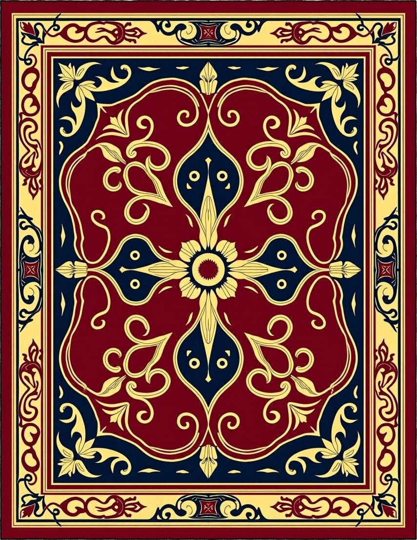 Crimson Navy Gold Floral Medallion Rug