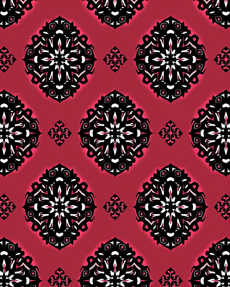 Crimson Black White Ornamental Medallion Rug
