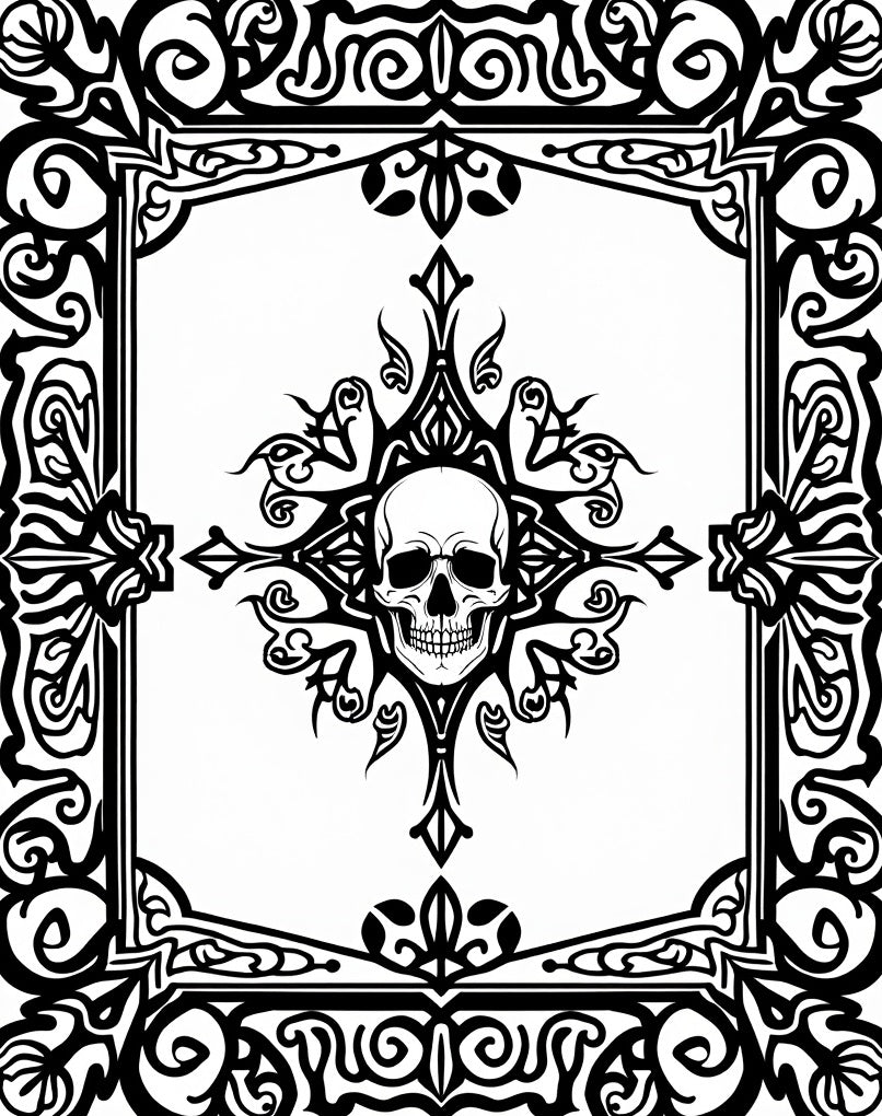 Gothic Black Skull Scrollwork Mandala Rug