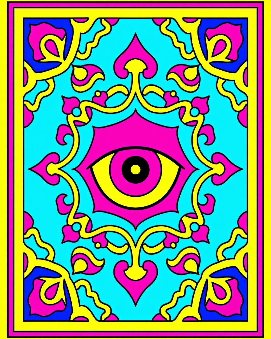 Vibrant Cyan Pink Yellow Eye Mandala Rug