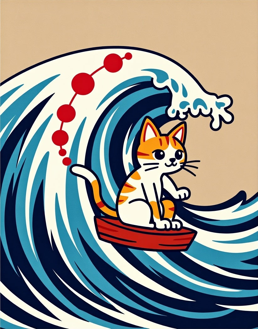 Kitten on Red Boat Great Wave Rug
