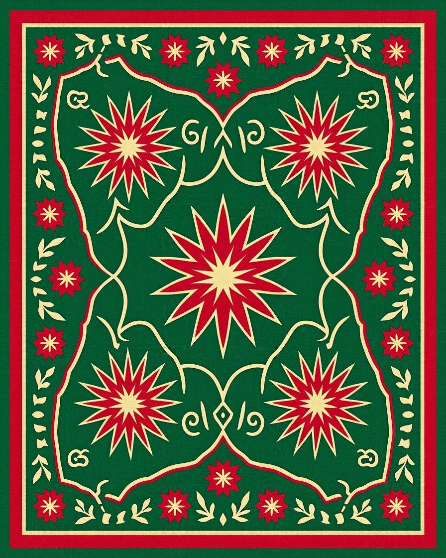 Festive Green Red Starburst Medallion Rug