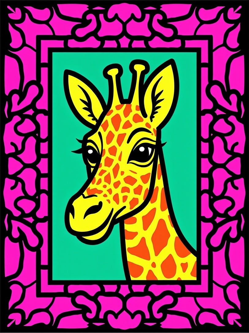 Vibrant Giraffe Portrait Pink Frame Rug