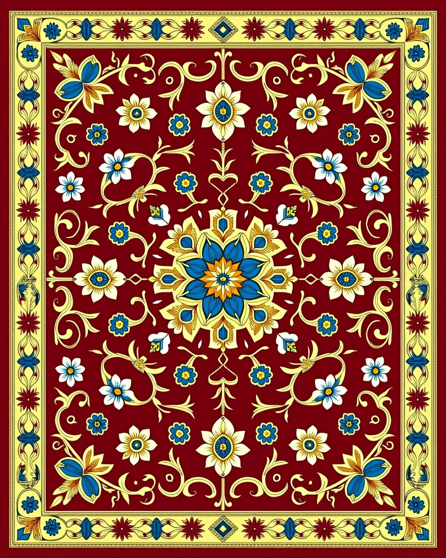 Crimson Floral Medallion with Blue Accents Rug
