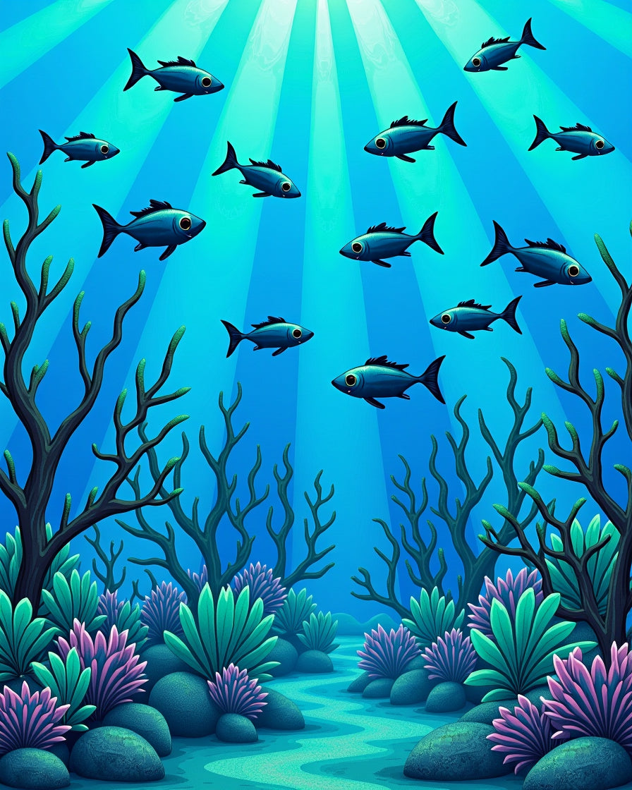 Deep Blue Schooling Fish Underwater Scene Rug