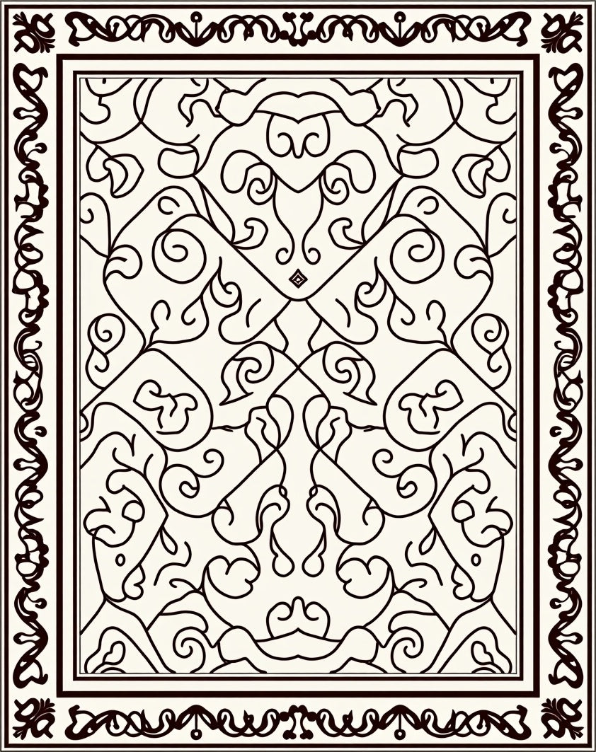 Ornate Ivory Black Scrollwork Medallion Rug