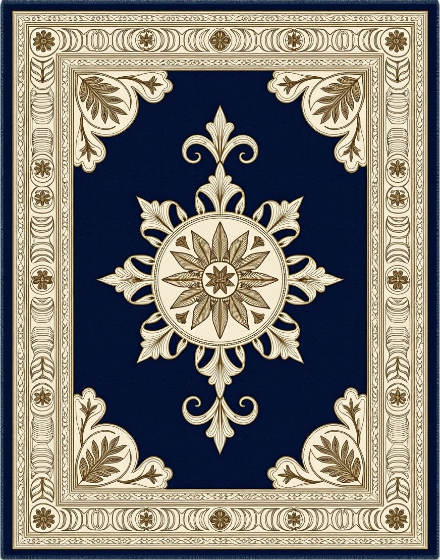 Classical Navy Gold Medallion Border Rug