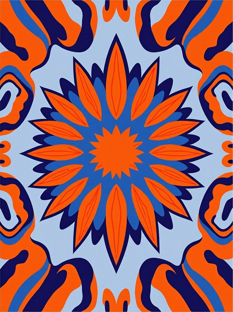 Vibrant Orange Blue Medallion Swirl Rug