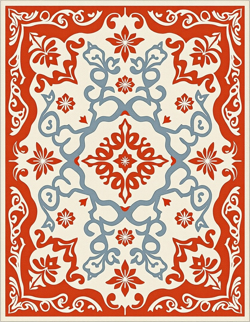 Ornate Red Blue Floral Medallion Rug