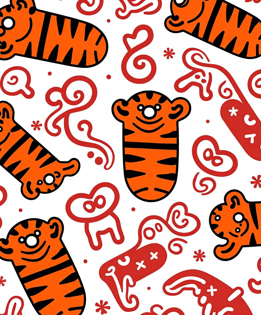 Playful Orange Tiger Stripes Whimsical Icons Rug