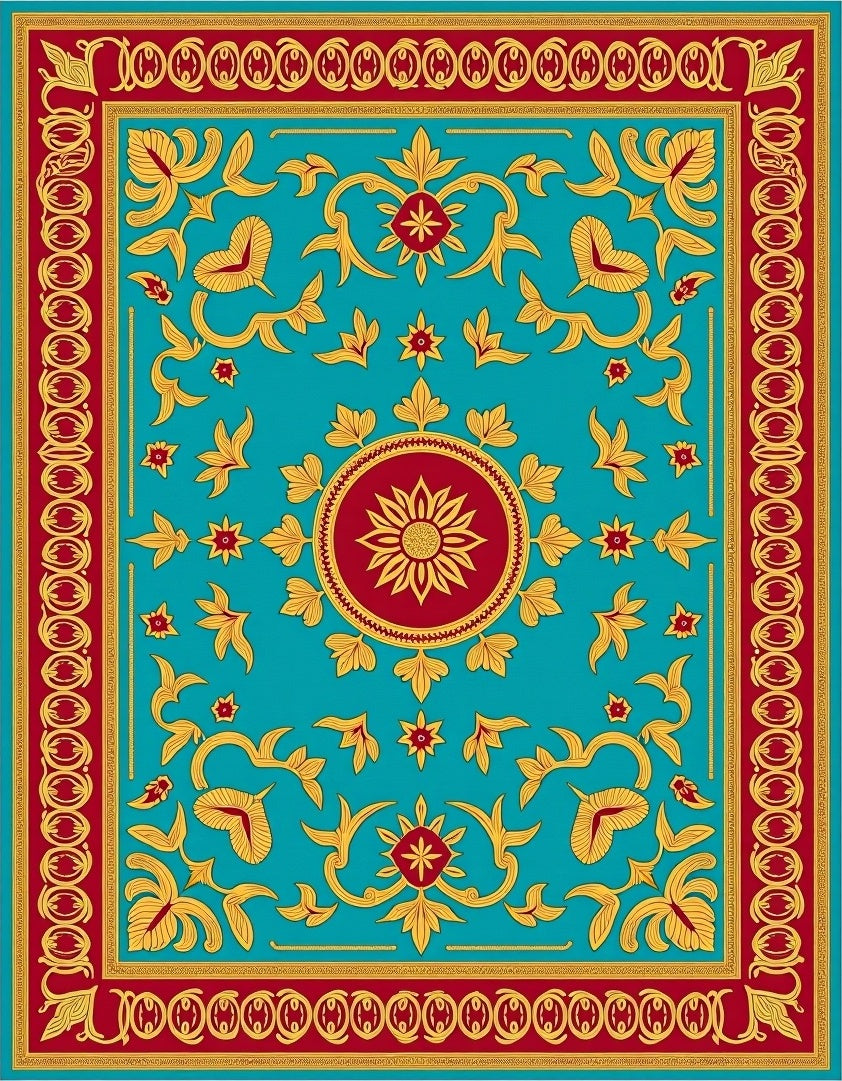 Crimson Gold Floral Medallion Turquoise Rug