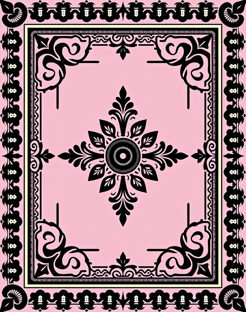 Pink Floral Black Medallion Border Rug