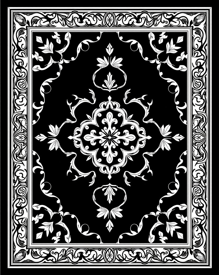 Elegant Black White Floral Medallion Border Rug