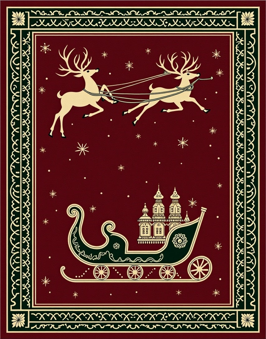 Crimson Reindeer Sleigh Festive Scene Rug