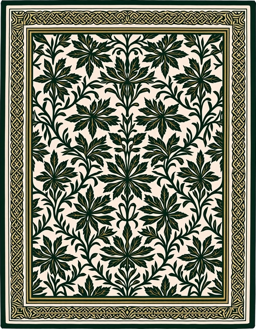 Dark Green Leafy Vine Scroll Rug