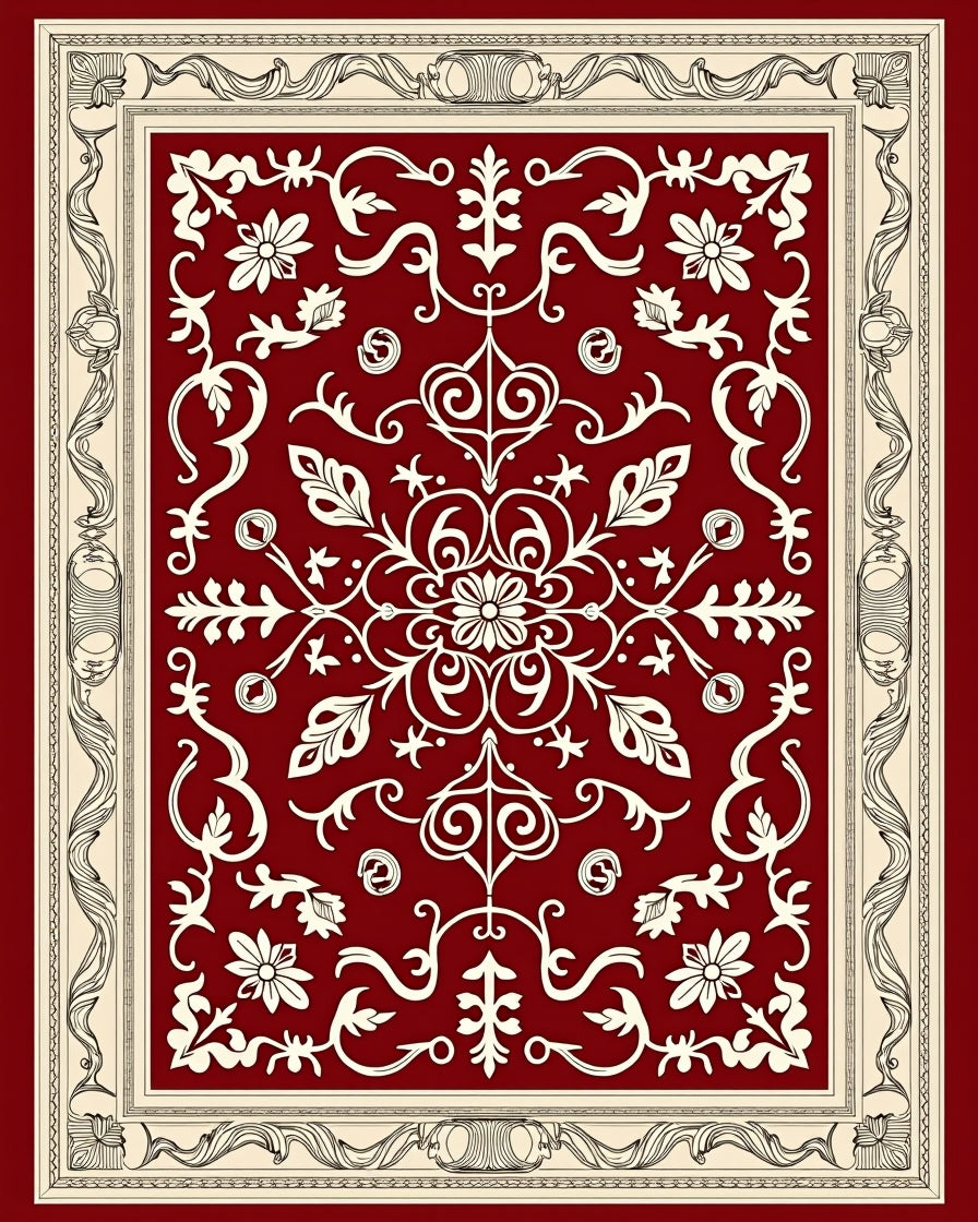 Crimson Floral Medallion Ivory Border Rug