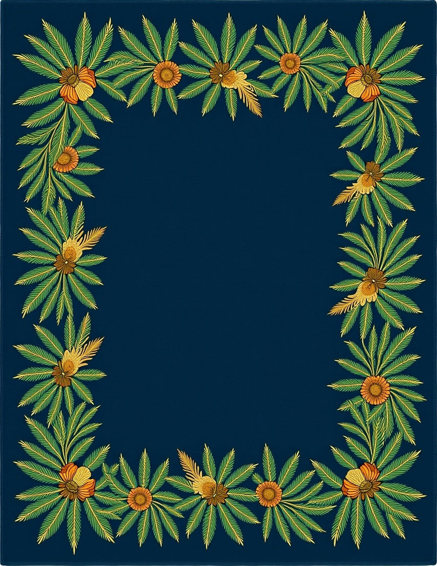 Deep Blue Tropical Floral Border Rug