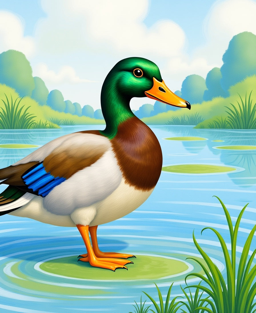 Green Headed Duck In Water Lily Pond Rug