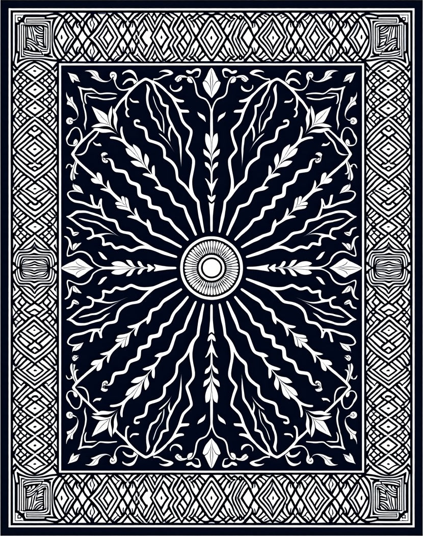 Dark Navy White Floral Sunburst Border Rug