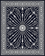 Dark Navy White Floral Sunburst Border Rug
