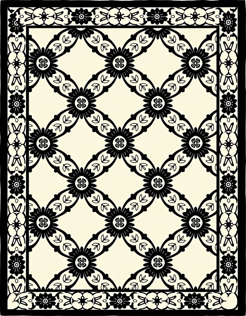 Intricate Black Cream Floral Lattice Rug