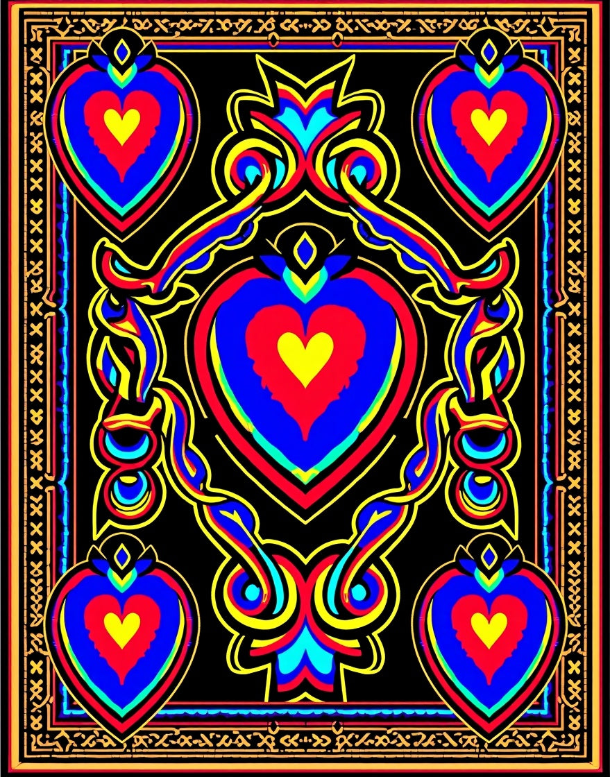 Vibrant Blue Red Yellow Heart Border Rug