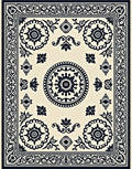 Cream Black Intricate Floral Medallion Border Rug