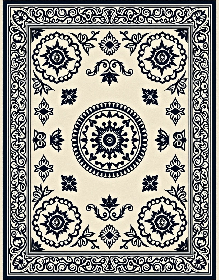Cream Black Intricate Floral Medallion Border Rug
