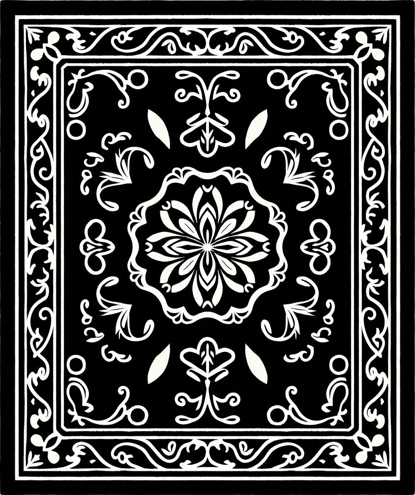 Black White Floral Medallion Art Decor Rug