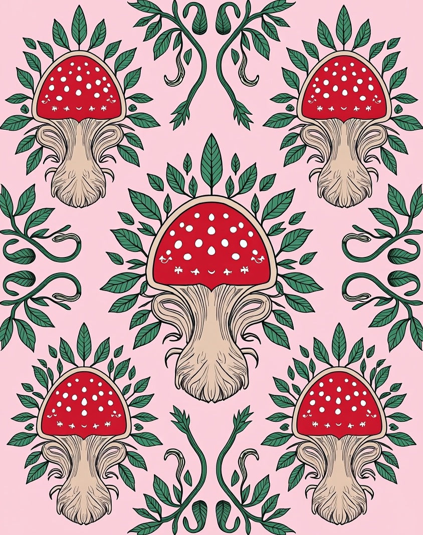 Whimsical Red Mushroom Garden Vine Rug