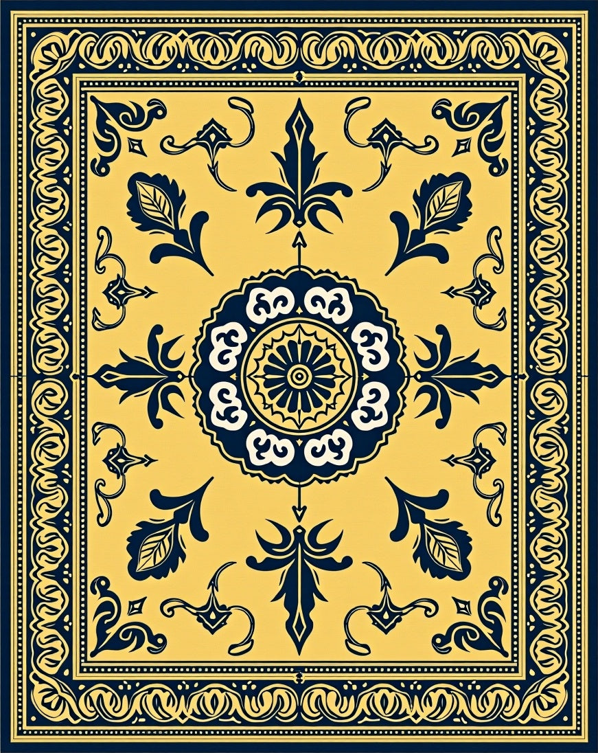Luminous Yellow Blue Ornamental Medallion Rug