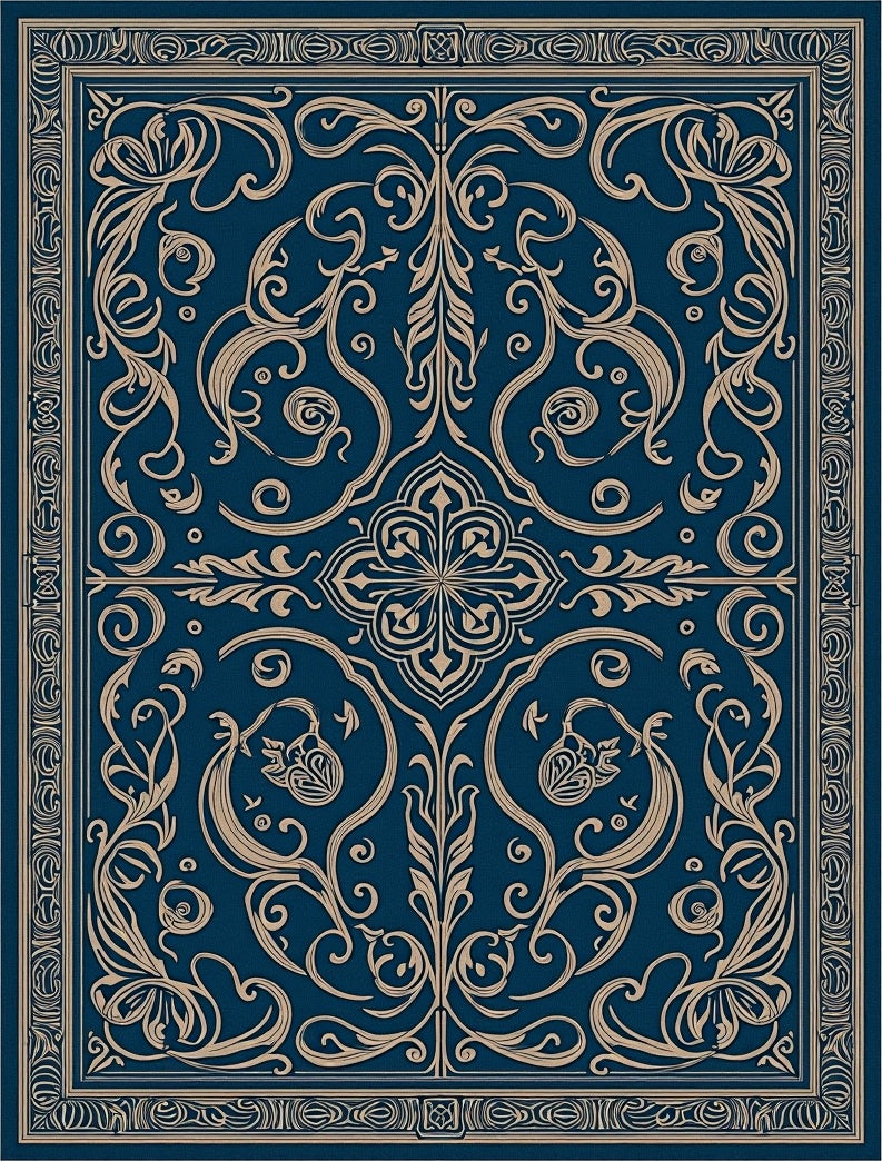 Dark Blue and Gold Filigree Scroll Rug