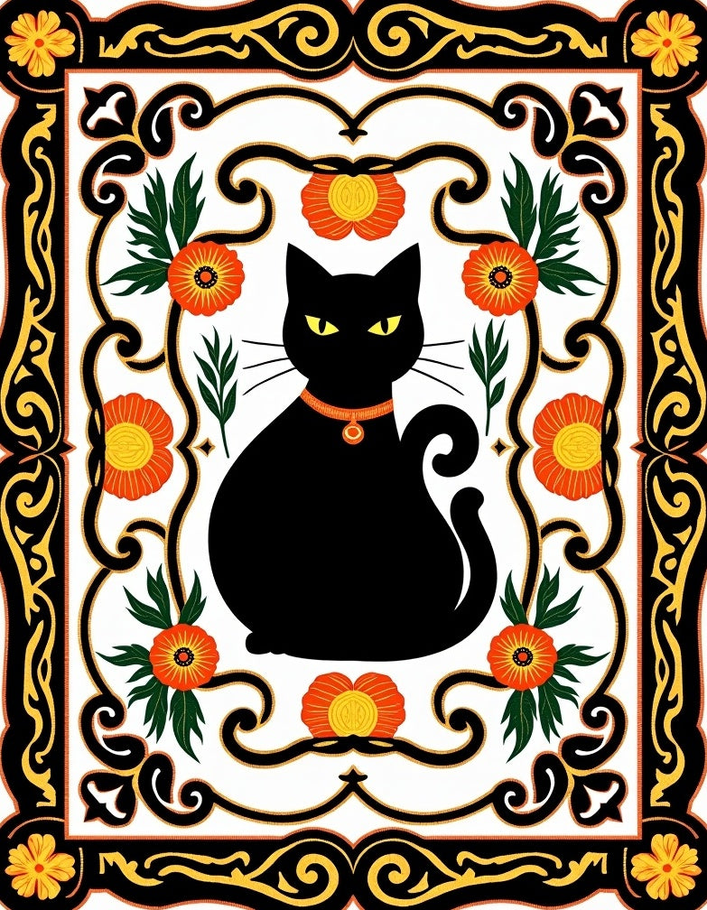 Black Cat Orange Floral Border Rug
