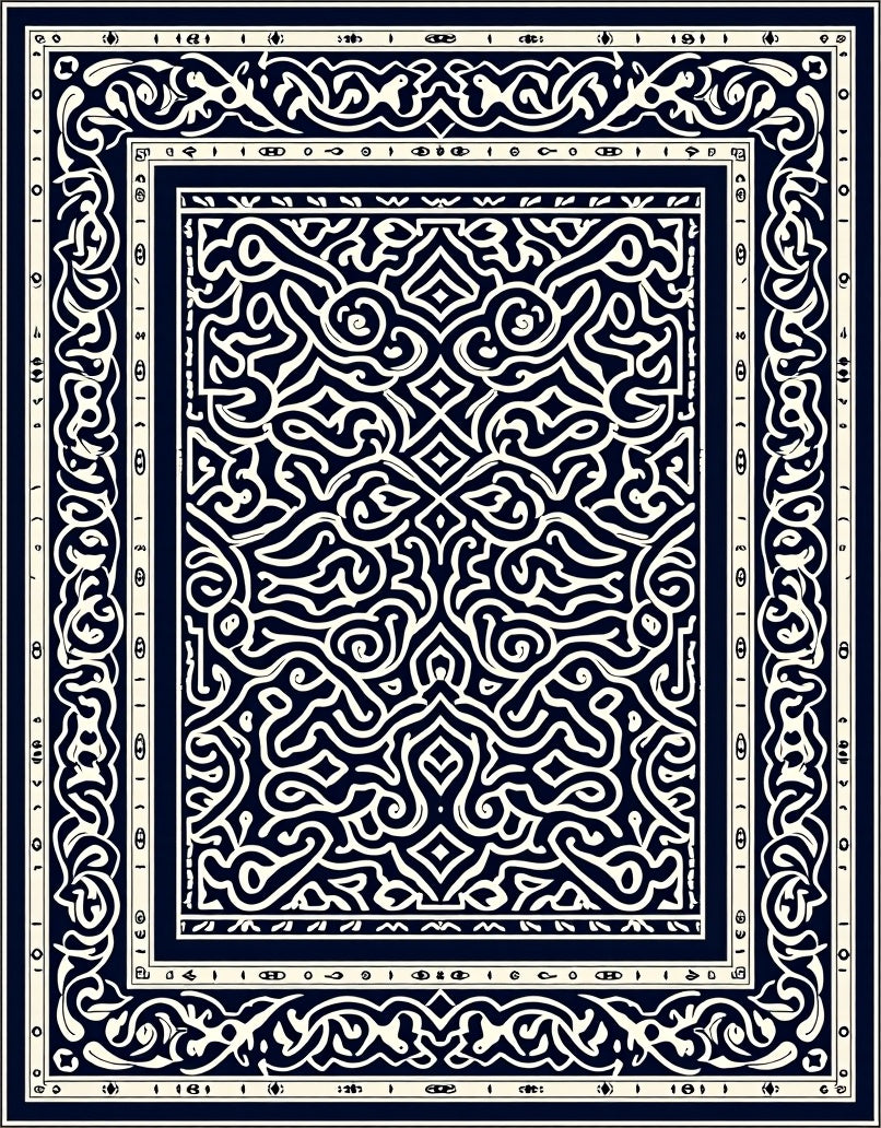 Navy Cream Intricate Scrollwork Border Rug