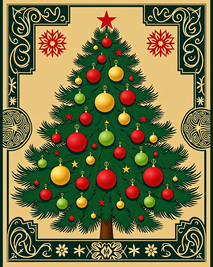 Festive Evergreen Ornate Christmas Tree Rug
