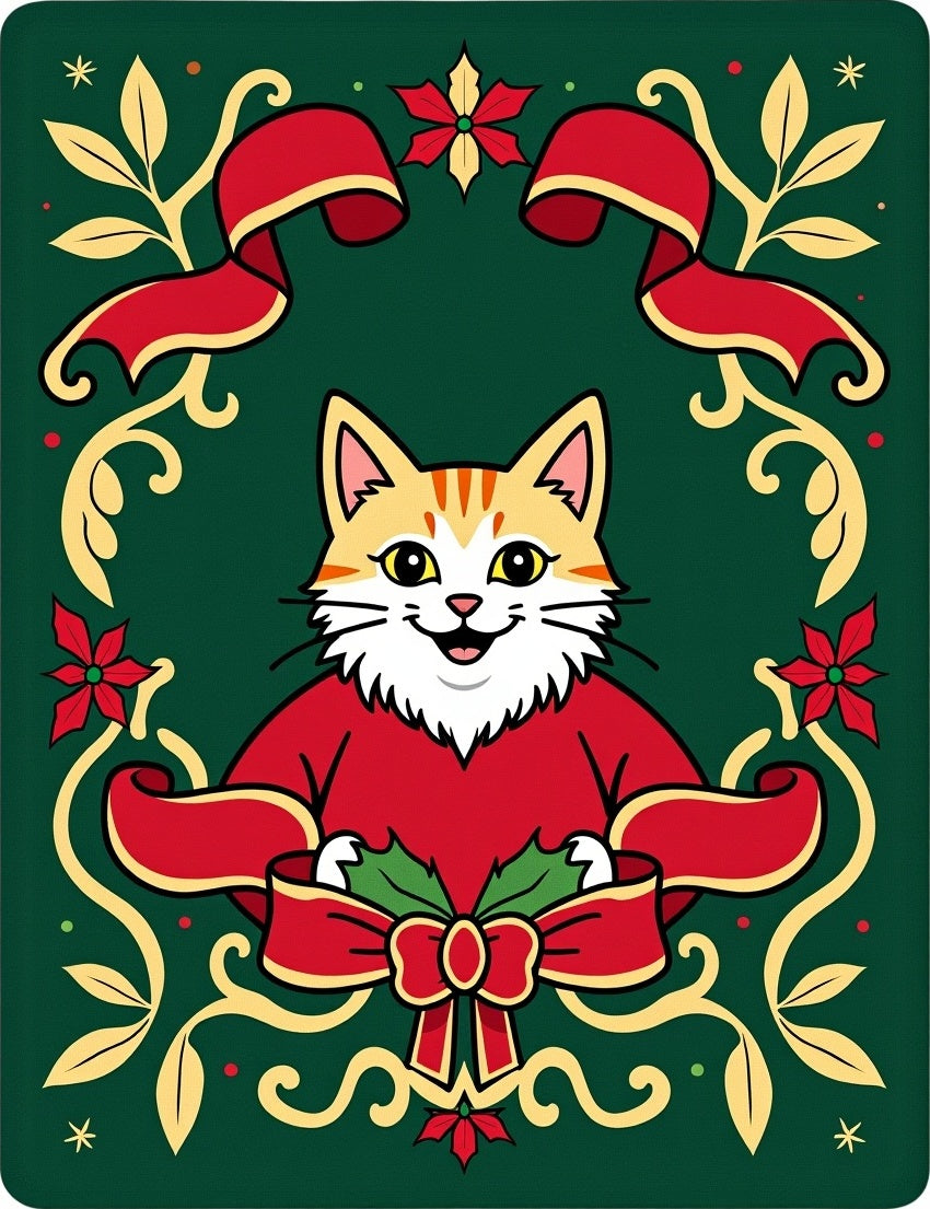 Christmas Cat Ribbon Holly Floral Rug