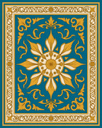 Golden Teal Floral Symmetry Medallion Rug