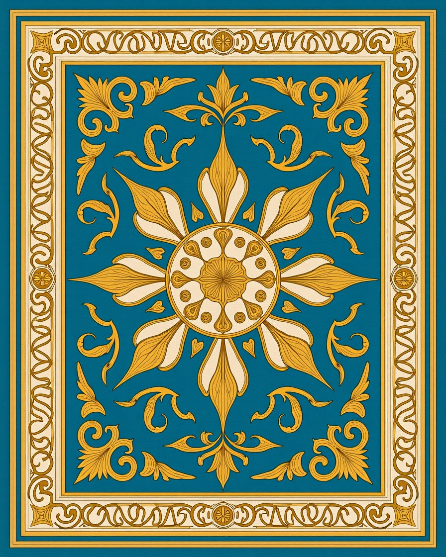 Golden Teal Floral Symmetry Medallion Rug
