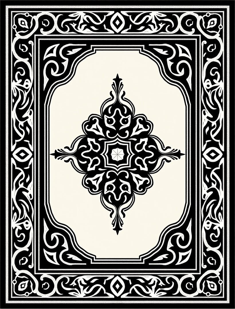 Black White Ivory Ornamental Medallion Rug